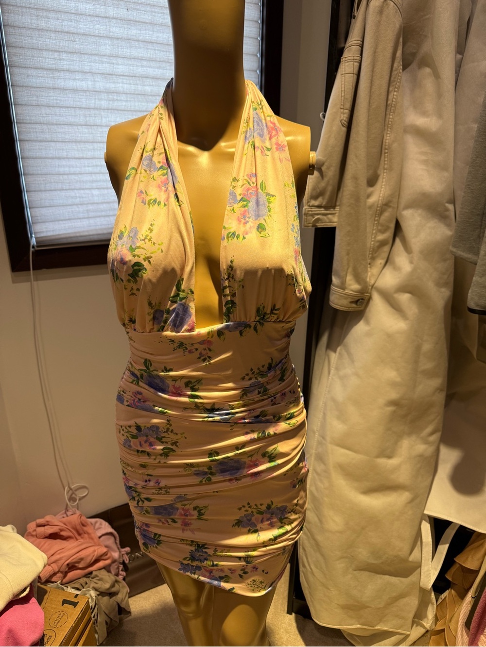Zara Peach Floral Halter Ruched Mini Dress